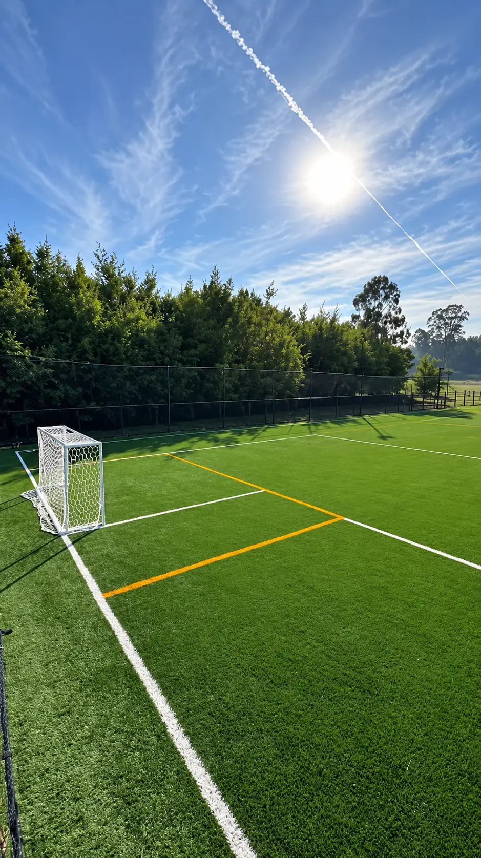 Arco y líneas de una cancha de pasto sintético de Sport One en Temuco en un día despejado